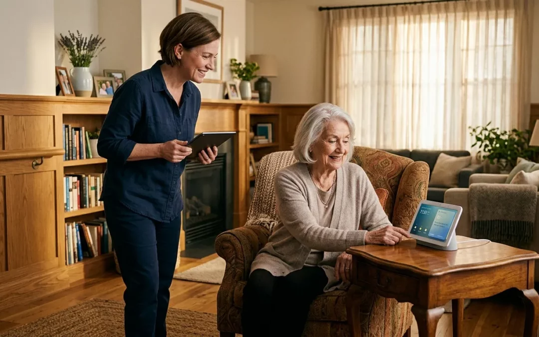 Soignante assistant une femme âgée avec une tablette