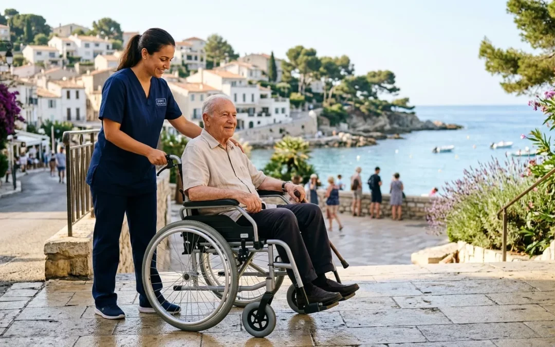Soignante pousse un patient âgé en fauteuil roulant face à la mer