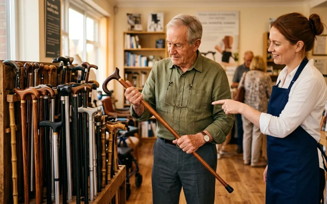 Un artisan examine une canne en bois avec un instructeur en atelier.