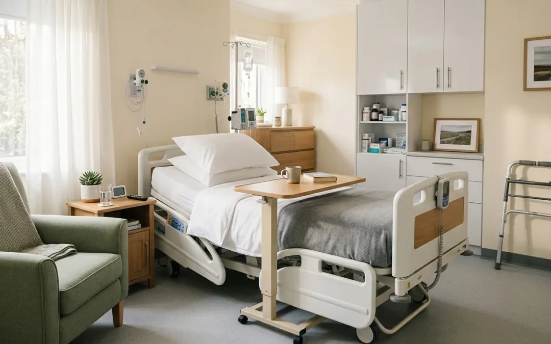 Chambre médicale équipée avec lit électrique, fauteuil et mobilier