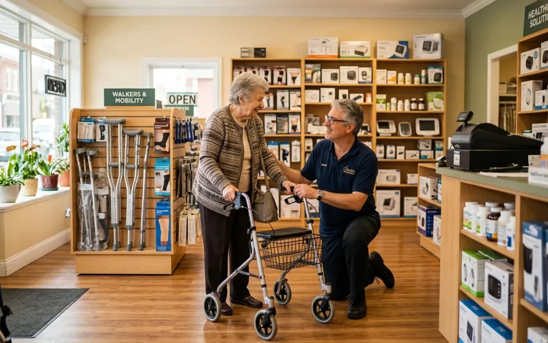 Vendeur aidant une cliente avec un déambulateur en magasin