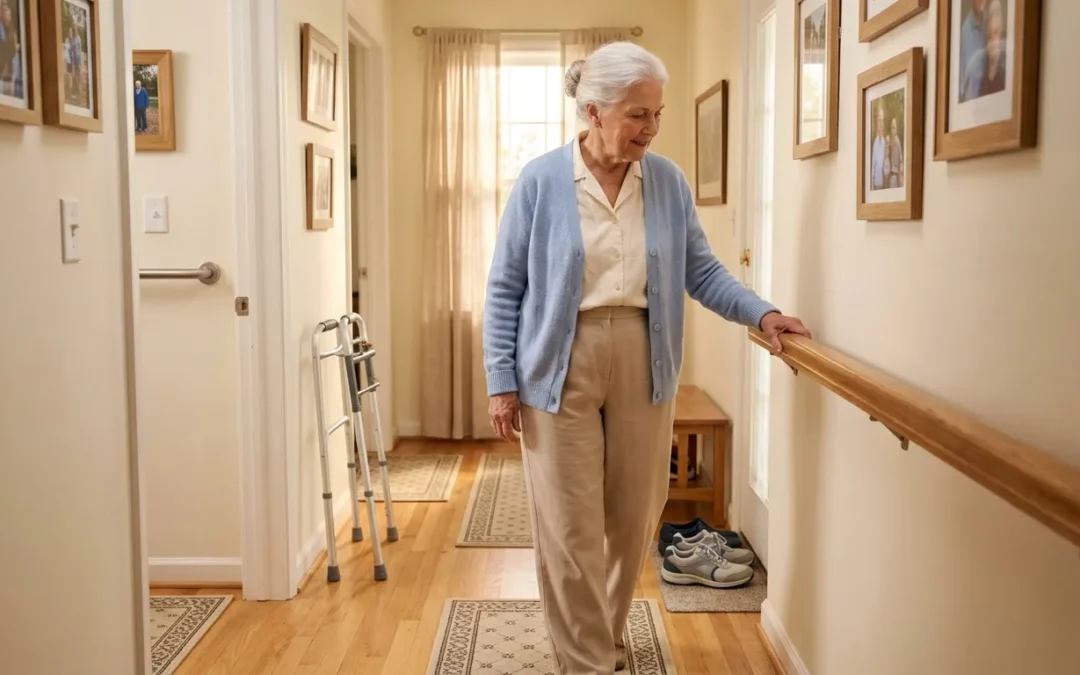 Femme âgée tenant une rampe dans un couloir lumineux