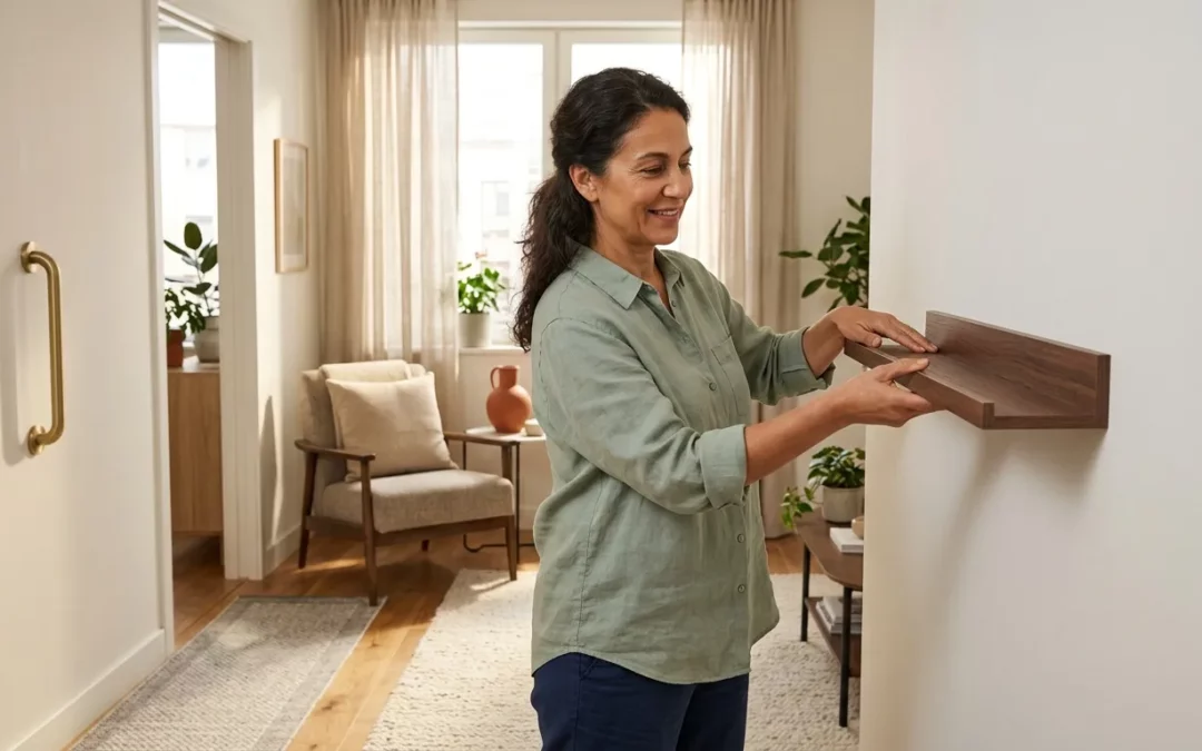 Femme souriante accrochant une étagère en bois au mur
