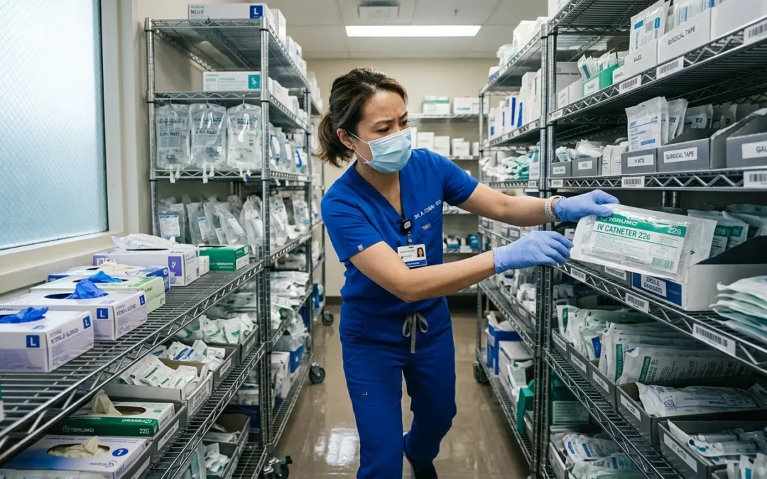 Infirmière inventoriant des fournitures médicales sur des étagères
