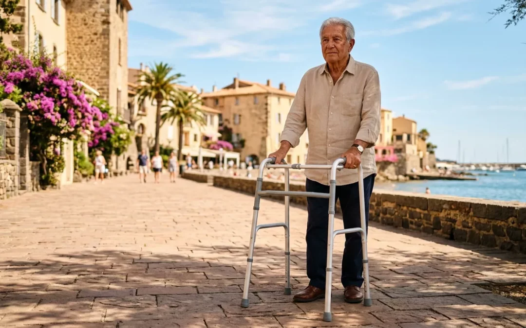 Homme senior avec déambulateur sur promenade côtière méditerranéenne