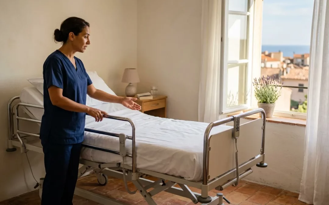 Soignante arrange les draps d'un lit d'hôpital avec vue côtière