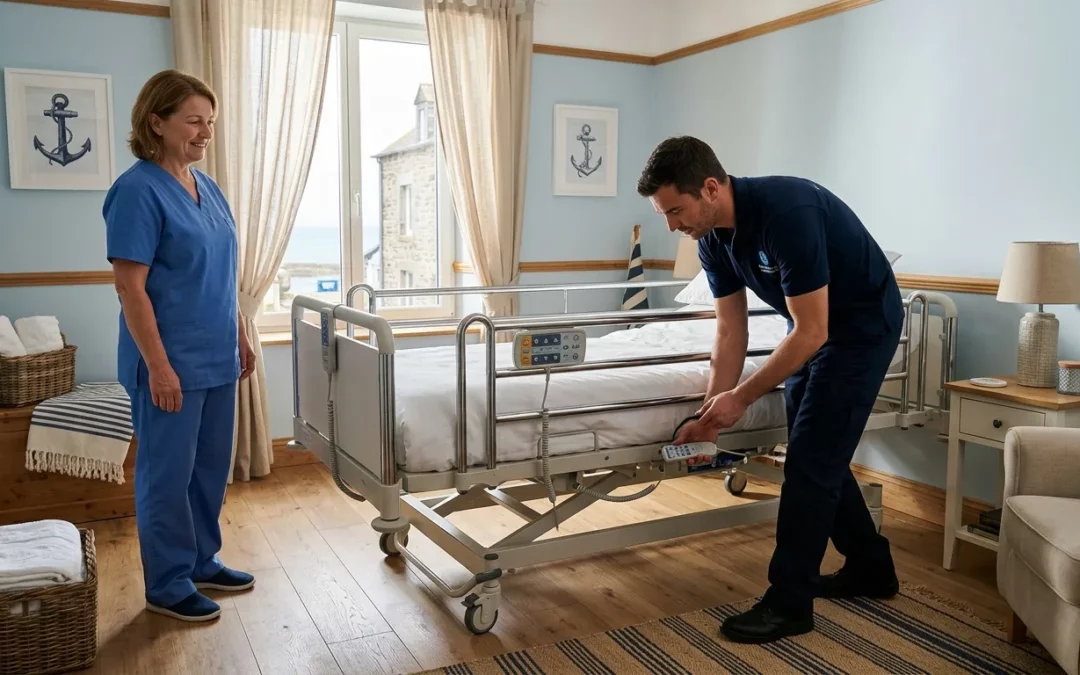 Deux professionnels de santé préparent un lit médical dans une chambre