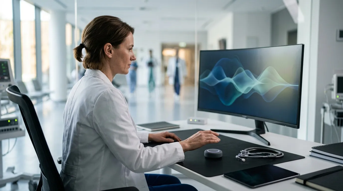 Femme m&eacute;decin examinant des ondes sonores sur &eacute;cran moderne