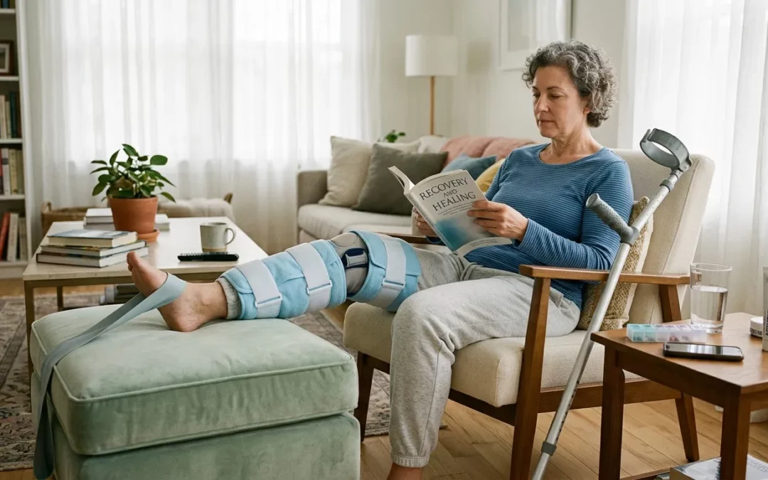 Femme en rééducation lisant dans un fauteuil confortable