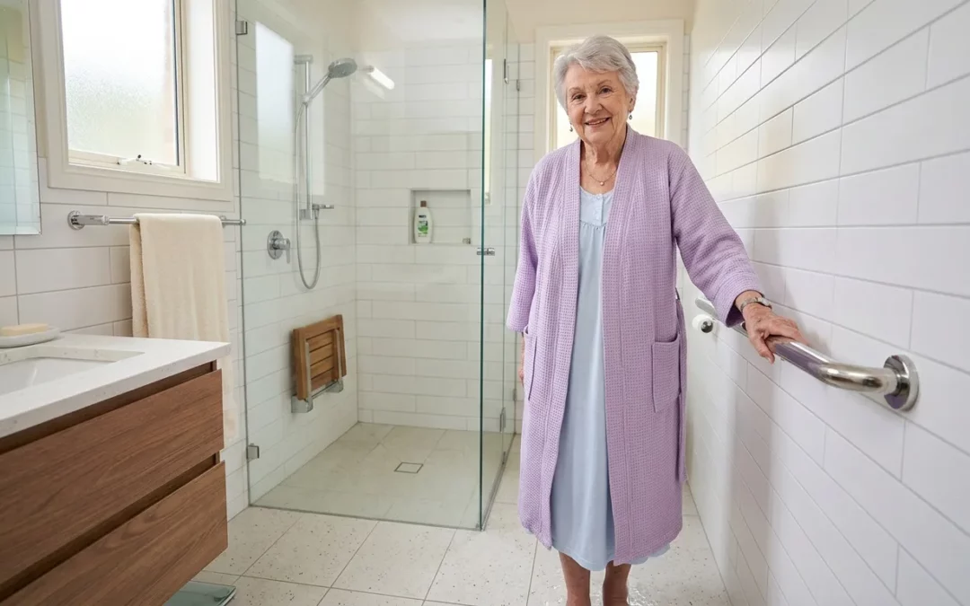 Femme âgée dans salle de bain avec barres d'appui