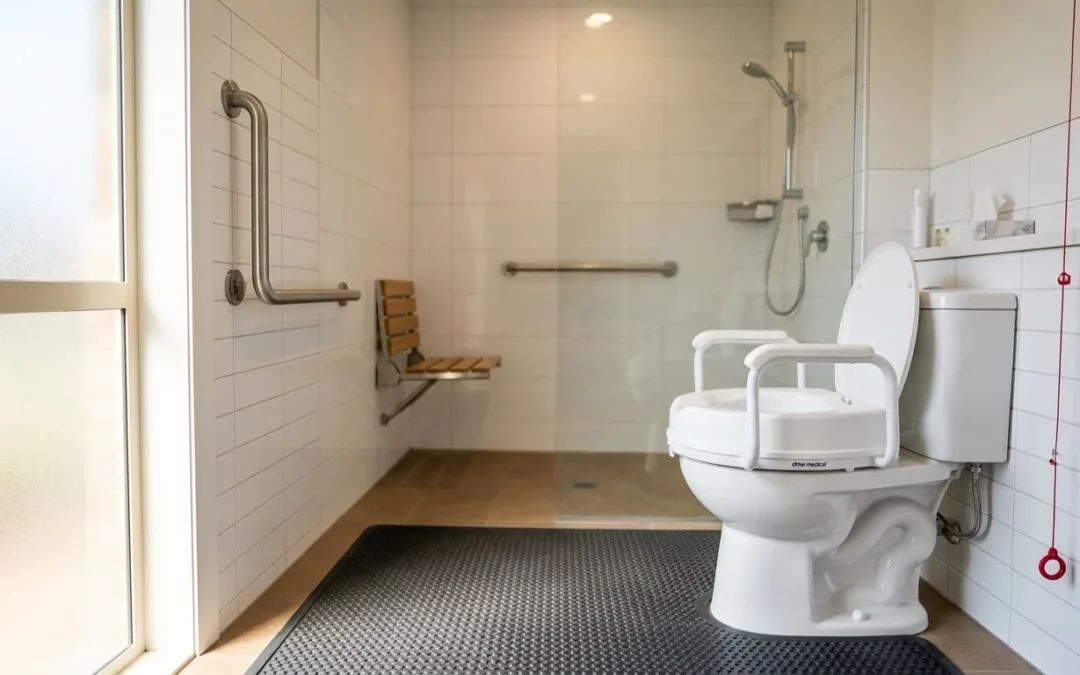 Salle de bain avec douche accessible, toilettes surélevées et barres de soutien
