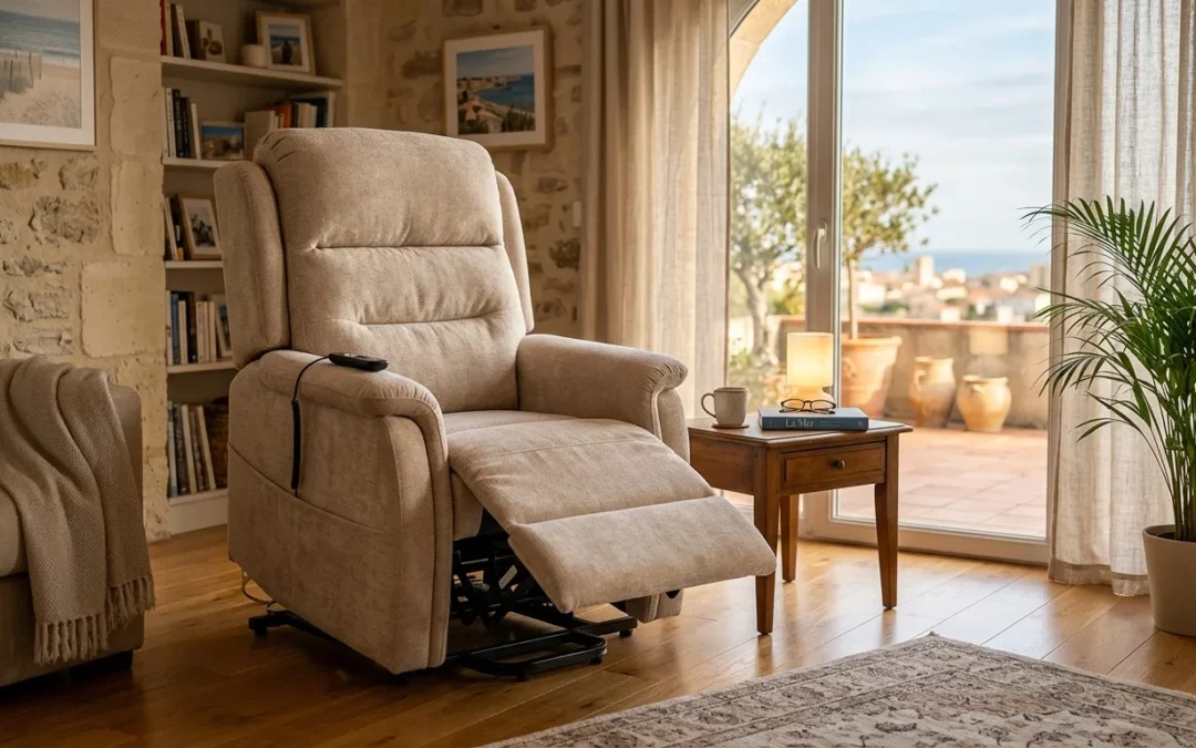 Fauteuil relax beige face à baies vitrées méditerranéennes