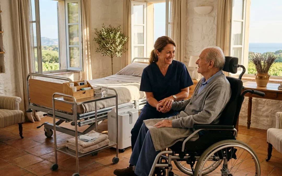 Infirmière souriante discutant avec patient en fauteuil roulant