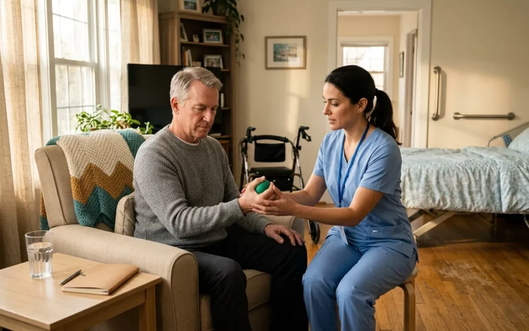 Infirmière examine la main d'un patient âgé assis