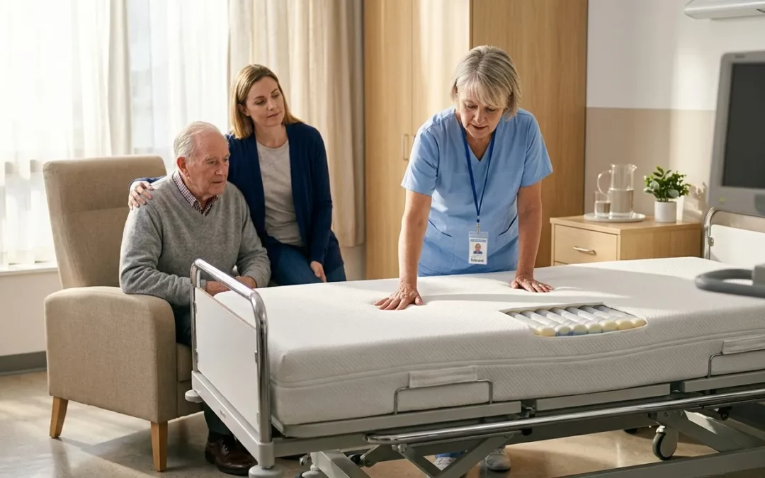 Infirmière examine un patient âgé accompagné de sa famille